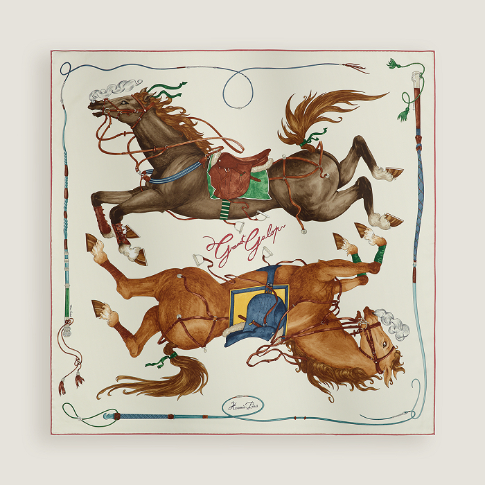 AGG/ 에르메스 Grand Galop 실크 스카프 크림 브라운 90*90cm